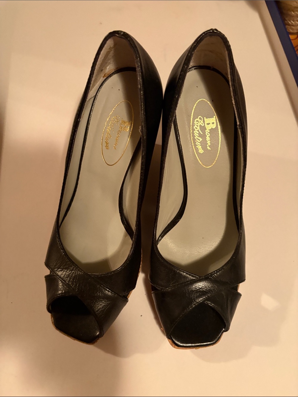Brown’s Black Leather Peep-Toe Cork Wedge heels